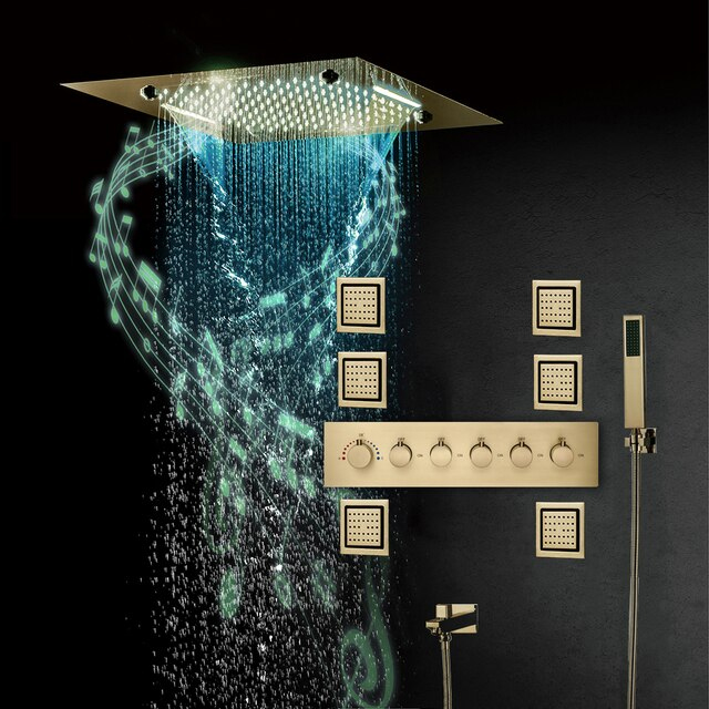 Cosenza Remote Controlled Thermostatic Brushed Gold LED Musical Recessed Ceiling Mount Rainfall Shower System with Jetted Body Sprays and Hand Shower by Bathselect